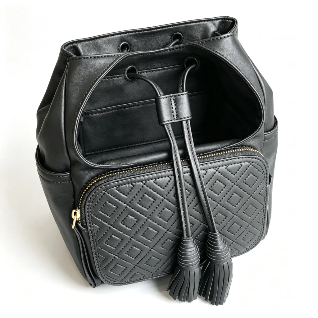 Tory Burch Fleming, black lambskin quilted front pocket and tassel drawstring adjustable chain shoulder strap, women's mini backpack