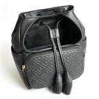 Tory Burch Fleming, black lambskin quilted front pocket and tassel drawstring adjustable chain shoulder strap, women's mini backpack