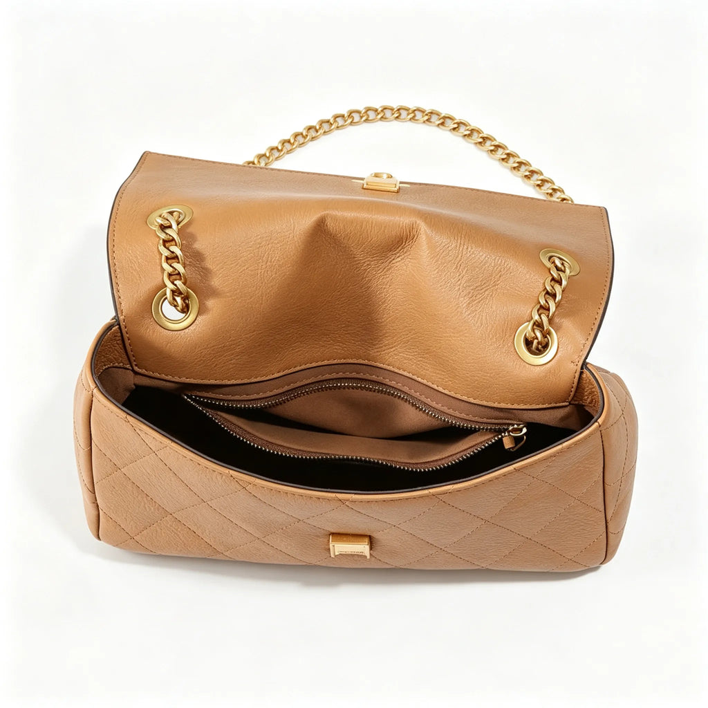 Tory Burch Kira | Mocha brown pebbled leather  adjustable chain shoulder strap multiple carrying options  women's designer handbag