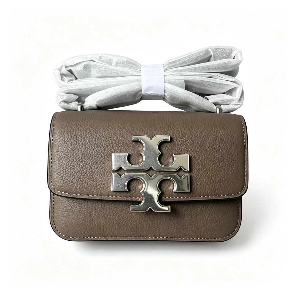 Tory Burch Eleanor, elephant grey with a silver double-T detachable chain shoulder strap offering multiple carrying options for women
