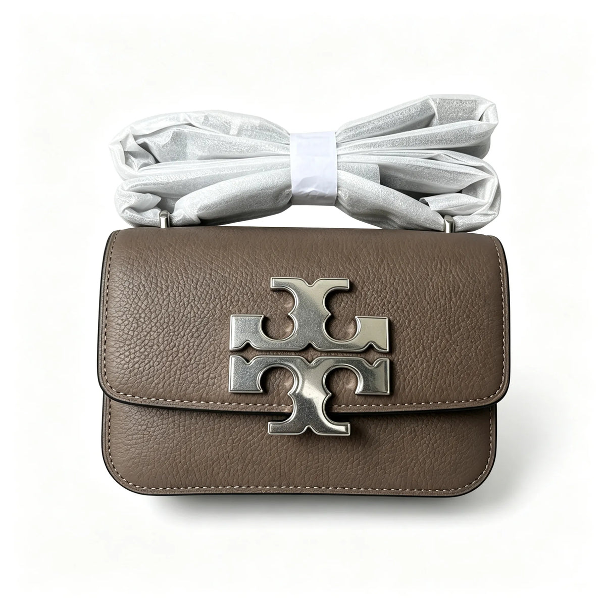 Tory Burch Eleanor, elephant grey with a silver double-T detachable chain shoulder strap offering multiple carrying options for women