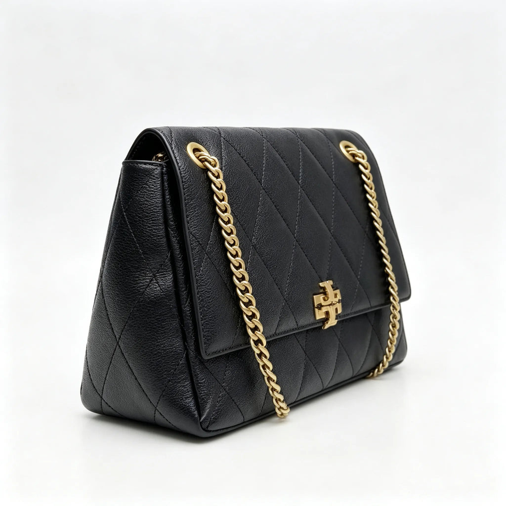 Tory Burch Kira | Black Pebble Leather Designer Handbag with Detachable Chain Shoulder Strap
