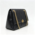 Tory Burch Kira | Black Pebble Leather Designer Handbag with Detachable Chain Shoulder Strap