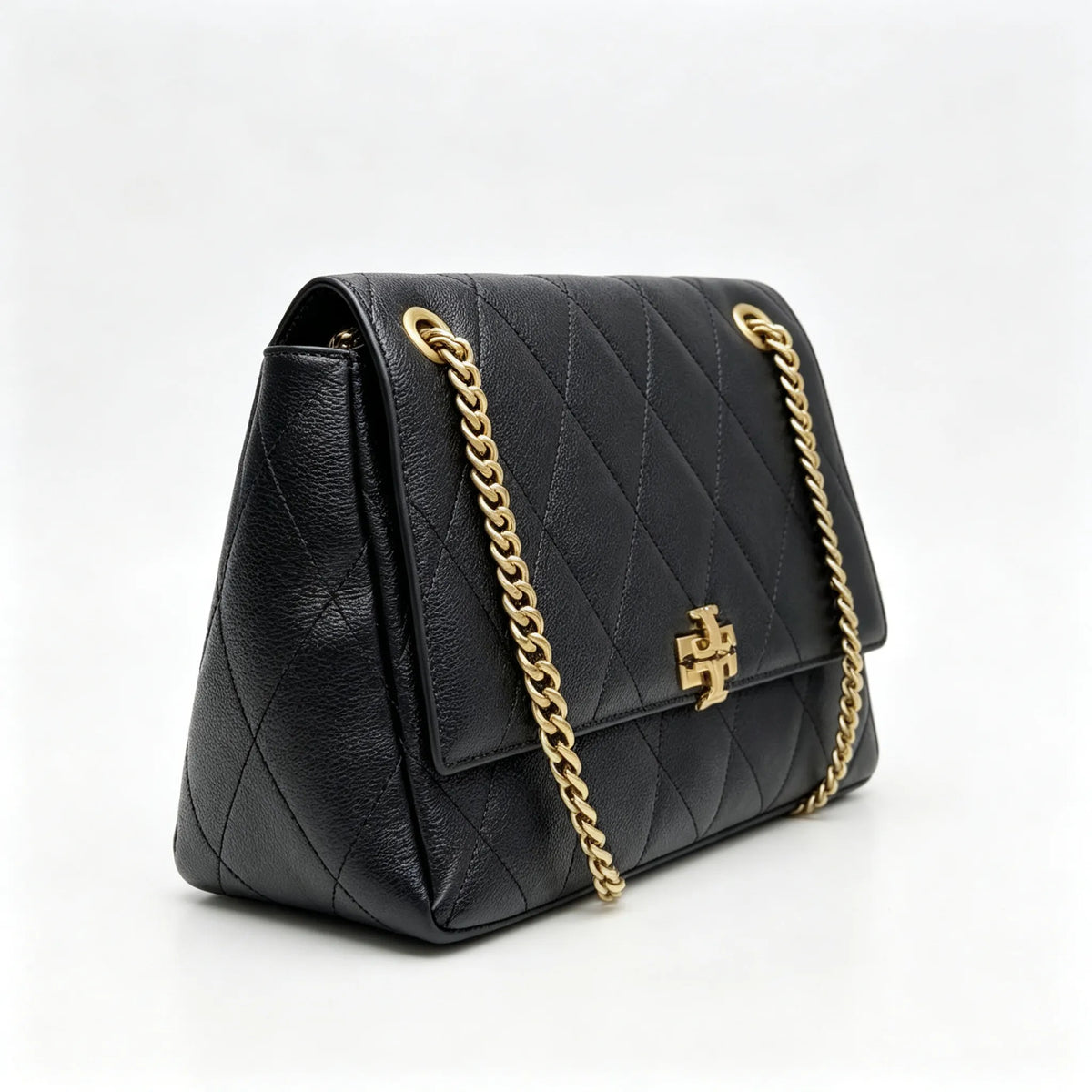 Tory Burch Kira | Black Pebble Leather Designer Handbag with Detachable Chain Shoulder Strap