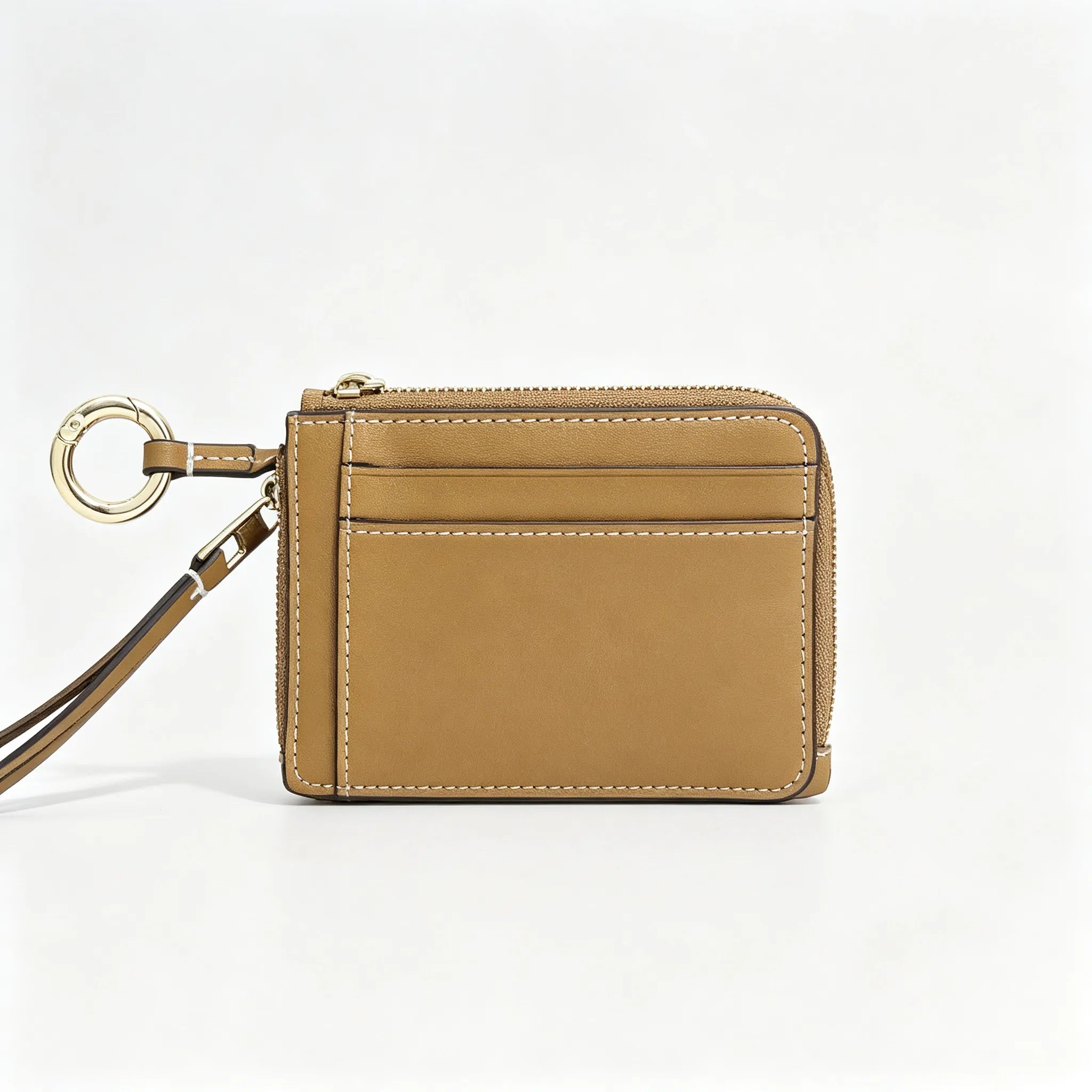 Tory Burch T-pattern keychain card holder | Hazelnut brown canvas with letter pattern multi-card slots comes with a detachable wrist strap  T-pattern keychain card holder