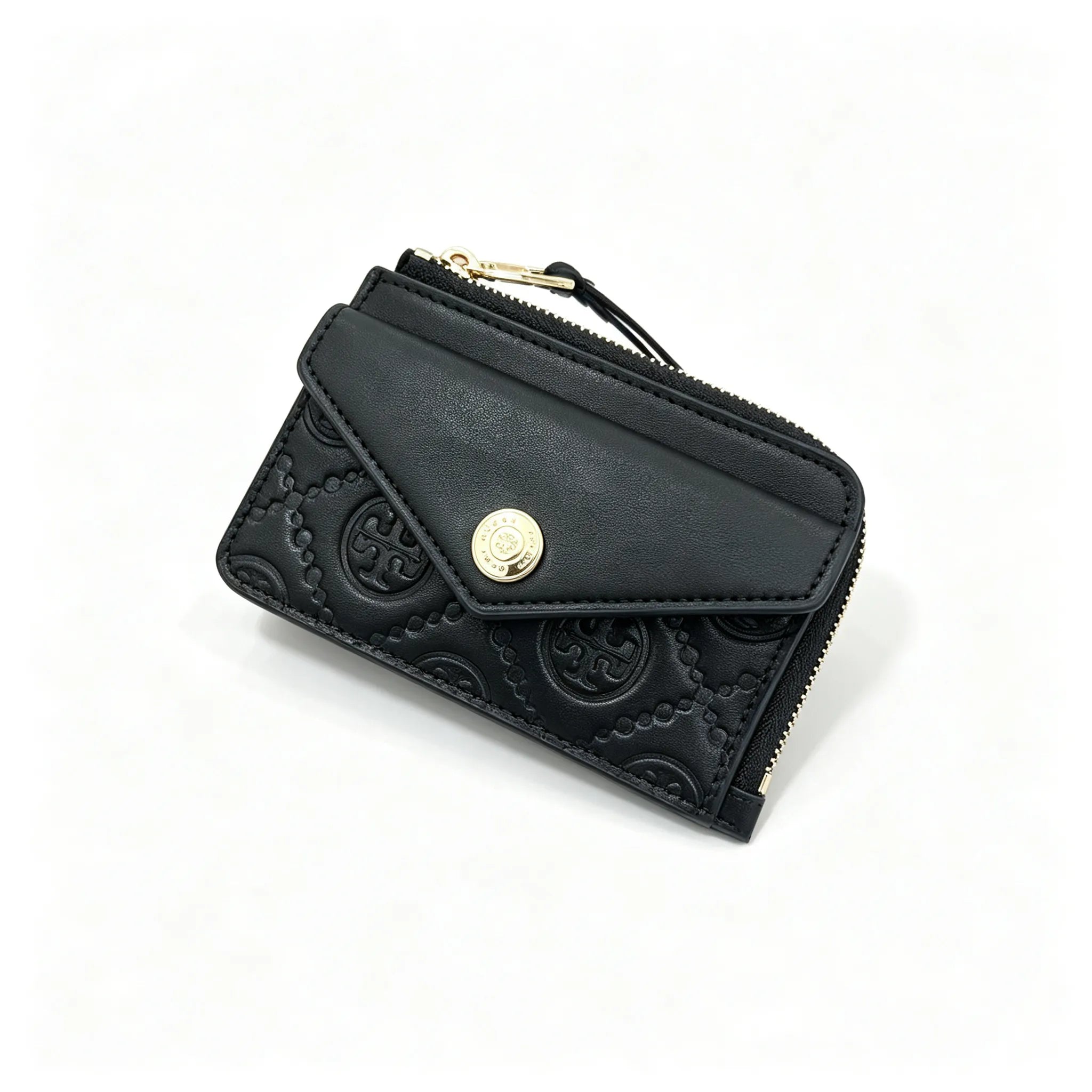 Tory Burch | Black embossed leather  multi-card slot design comes with a detachable wrist strap compact and portable  suitable for everyday use and travel