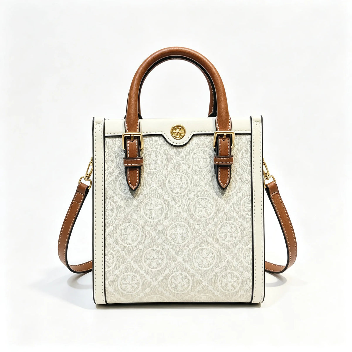 Tory Burch T Monogram | Off-white embossed canvas with brown leather trim detachable shoulder strap  women's designer mini handbag