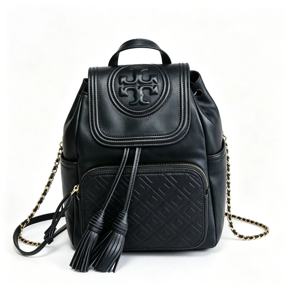 Tory Burch Fleming, black lambskin quilted front pocket and tassel drawstring adjustable chain shoulder strap, women's mini backpack