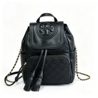 Tory Burch Fleming, black lambskin quilted front pocket and tassel drawstring adjustable chain shoulder strap, women's mini backpack