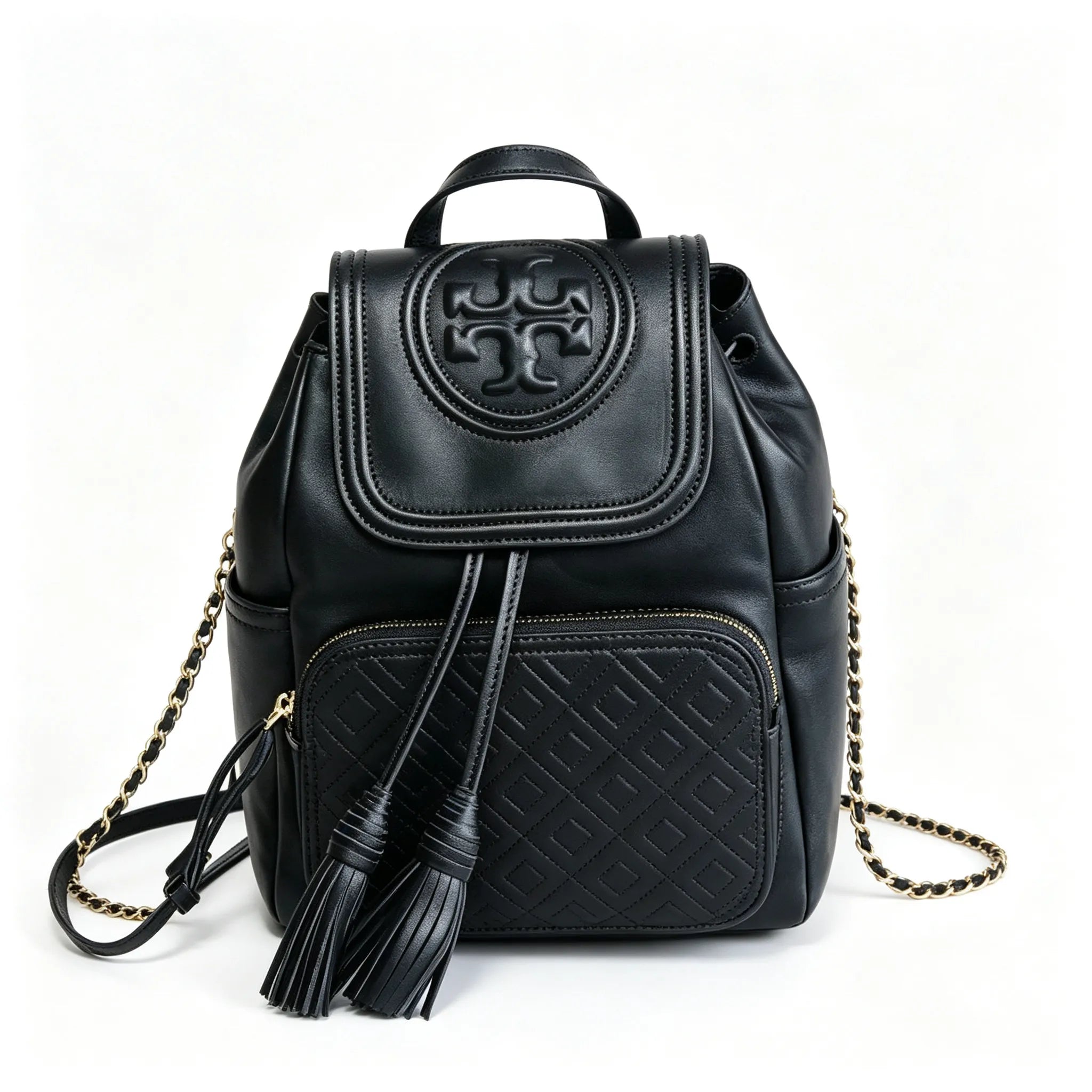 Tory Burch Fleming, black lambskin quilted front pocket and tassel drawstring adjustable chain shoulder strap, women's mini backpack