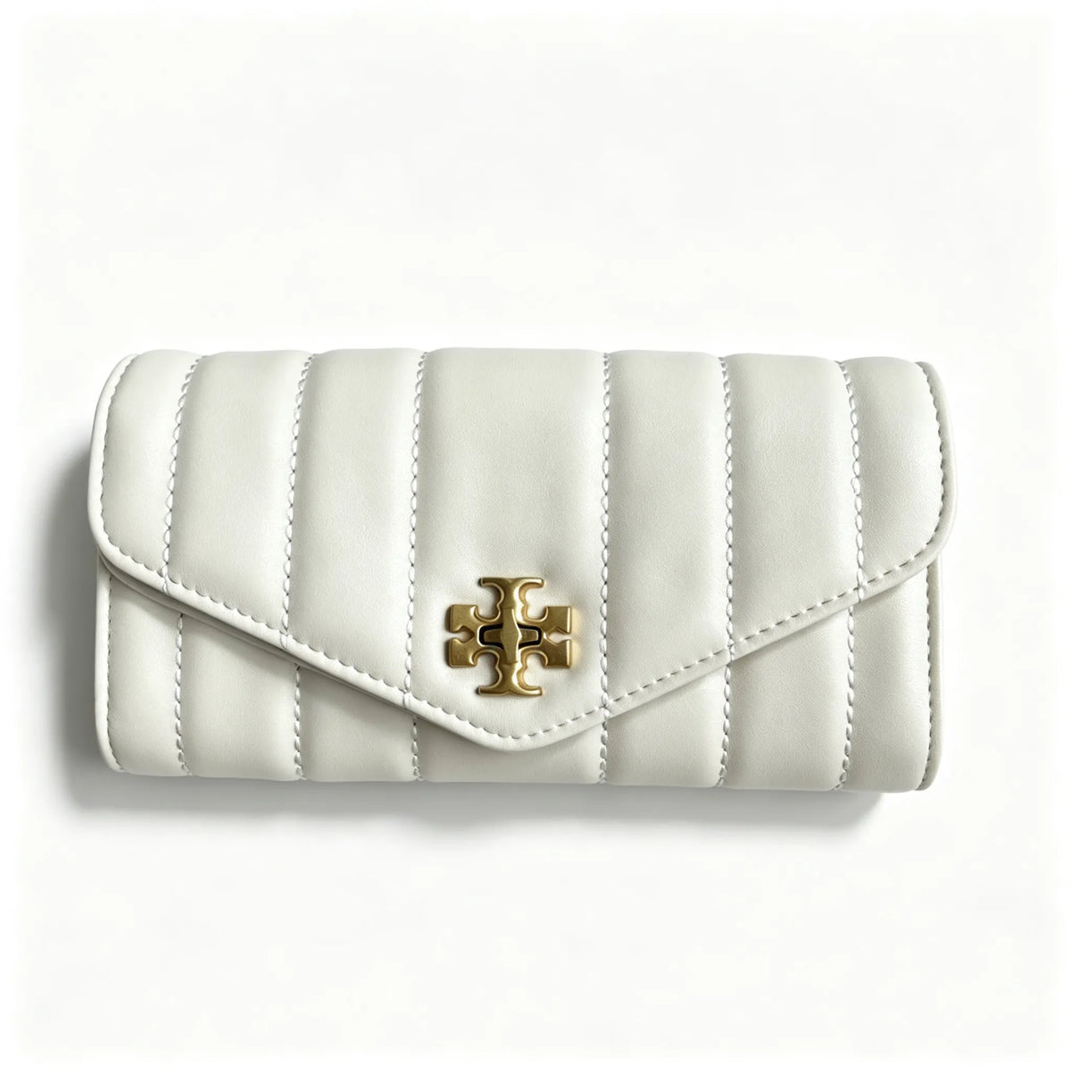 Tory Burch Kira burgundy quilted Nappa leather clutch with multiple card slots and a zippered coin purse