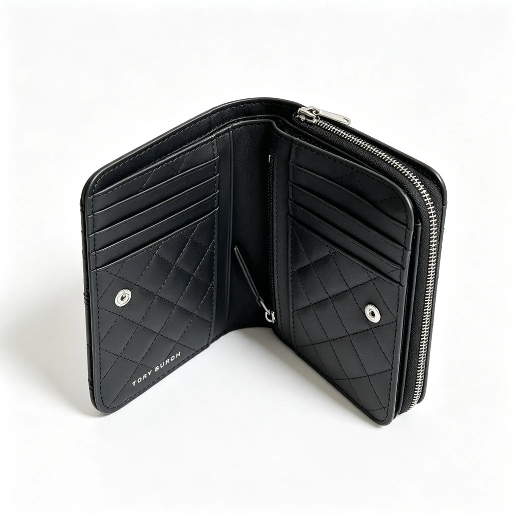 Tory Burch Willa black quilted leather wallet with multiple card slots and a zippered coin pocket a small m foldable women's wallet