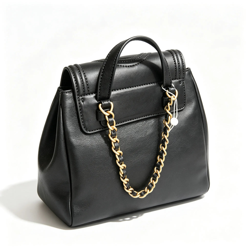 Tory Burch Fleming, black lambskin quilted front pocket and tassel drawstring adjustable chain shoulder strap, women's mini backpack