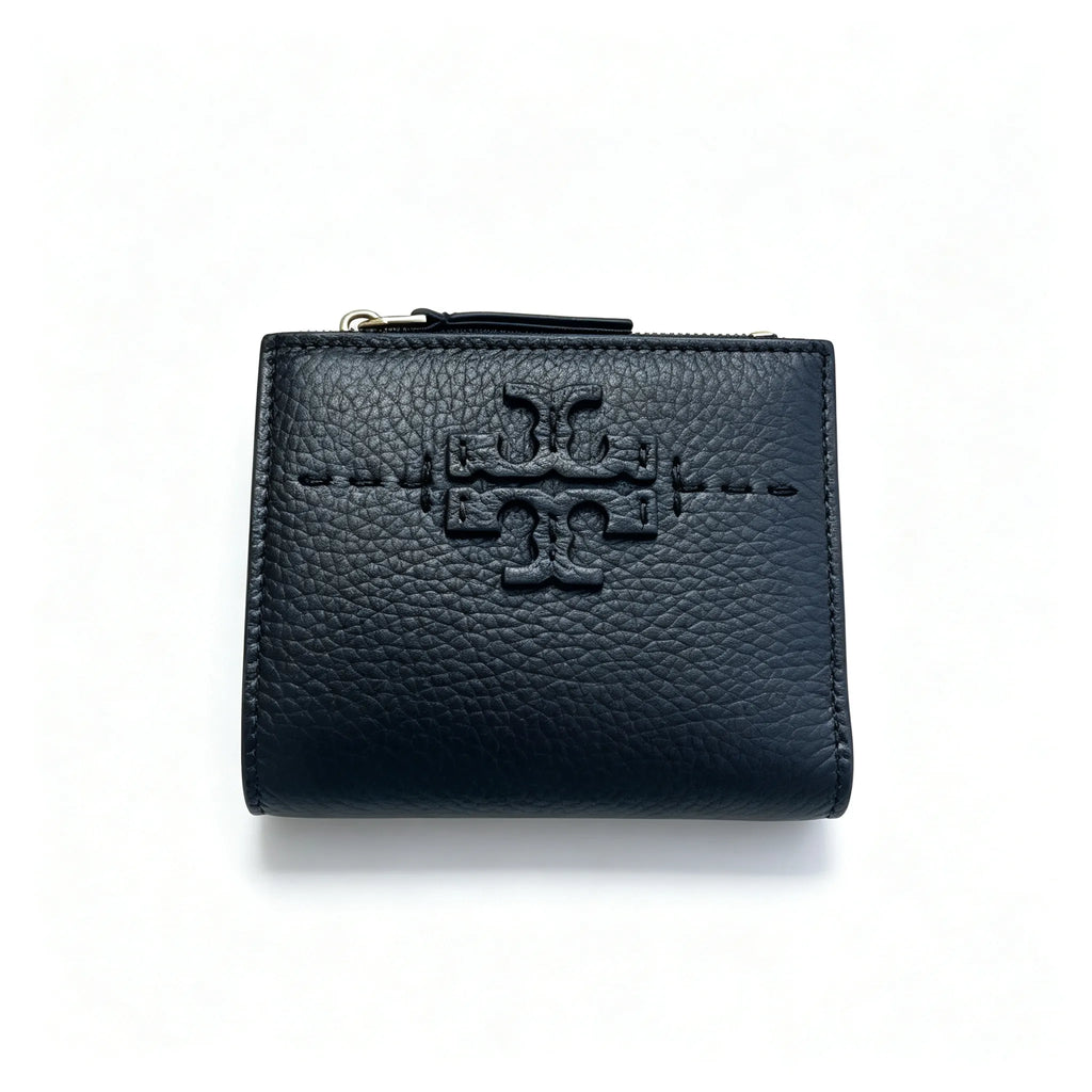 Tory Burch McGraw black pebbled leather wallet with multiple card slots and a zippered coin pocket small foldable women's wallet