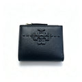 Tory Burch McGraw black pebbled leather wallet with multiple card slots and a zippered coin pocket small foldable women's wallet