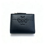 Tory Burch McGraw black pebbled leather wallet with multiple card slots and a zippered coin pocket small foldable women's wallet