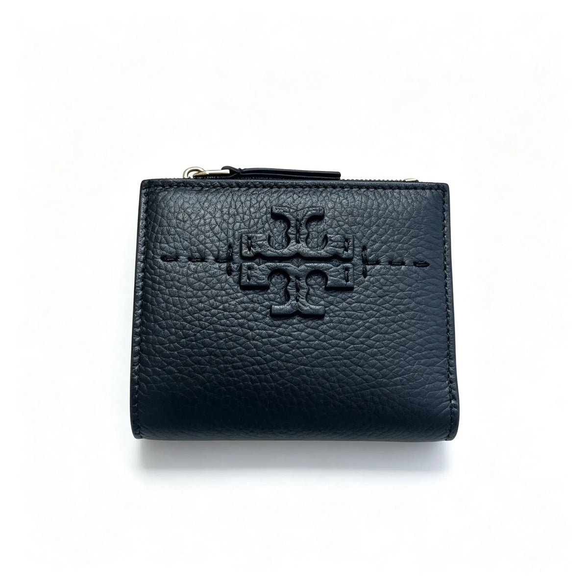 Tory Burch McGraw black pebbled leather wallet with multiple card slots and a zippered coin pocket small foldable women's wallet