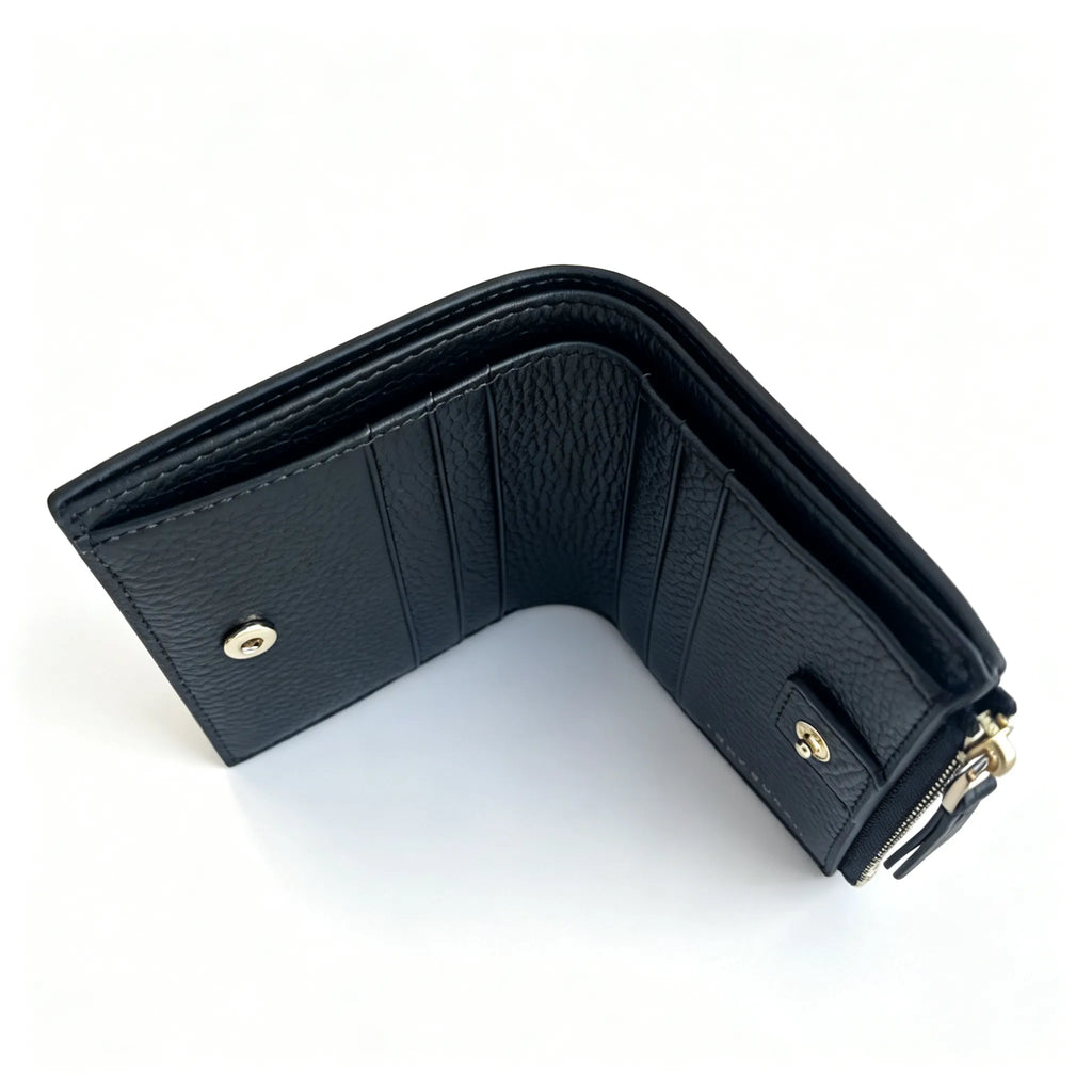 Tory Burch McGraw black pebbled leather wallet with multiple card slots and a zippered coin pocket small foldable women's wallet