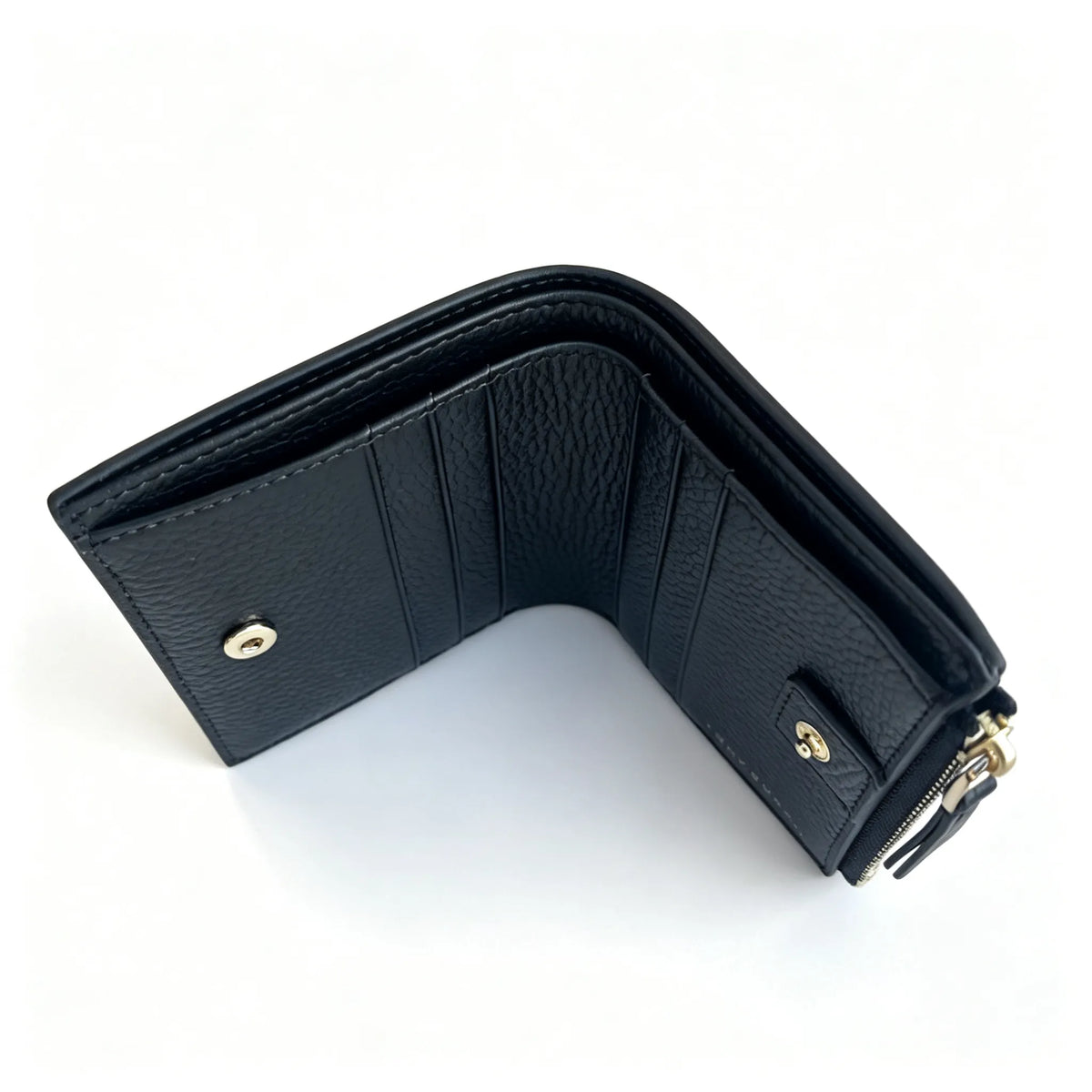 Tory Burch McGraw black pebbled leather wallet with multiple card slots and a zippered coin pocket small foldable women's wallet