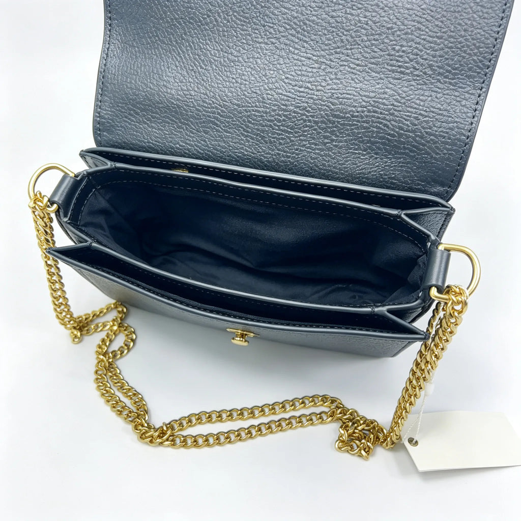 Tory Burch Chelsea | Black pebbled leather with a detachable chain and leather shoulder strap multiple carrying options women's designer handbag