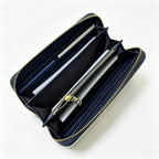Tory Burch T Monogram wallet in navy and beige Monogram canvas, long with multiple card slots and a zipper