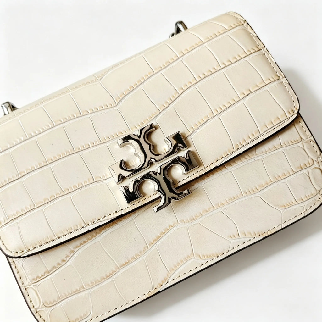 Tory Burch Eleanor off-white embossed leather twisted chain shoulder strap multiple carrying options for women