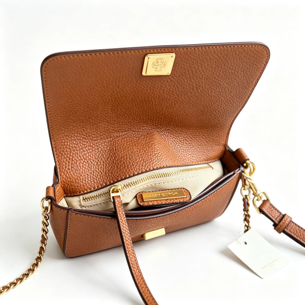 Tory Burch Britten caramel brown adjustable shoulder strap and zippered lining a small everyday bag for women