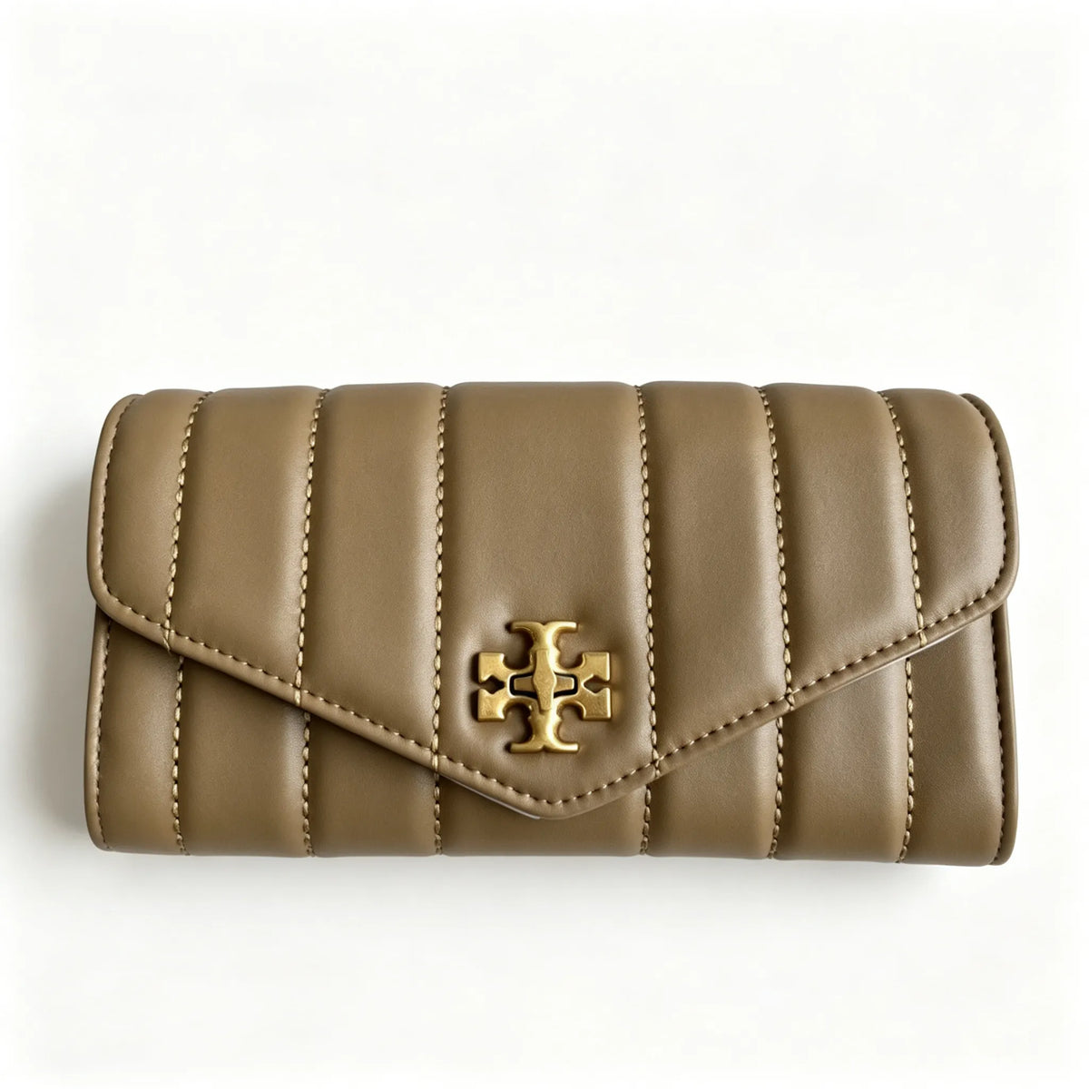 Tory Burch Kira burgundy quilted Nappa leather clutch with multiple card slots and a zippered coin purse