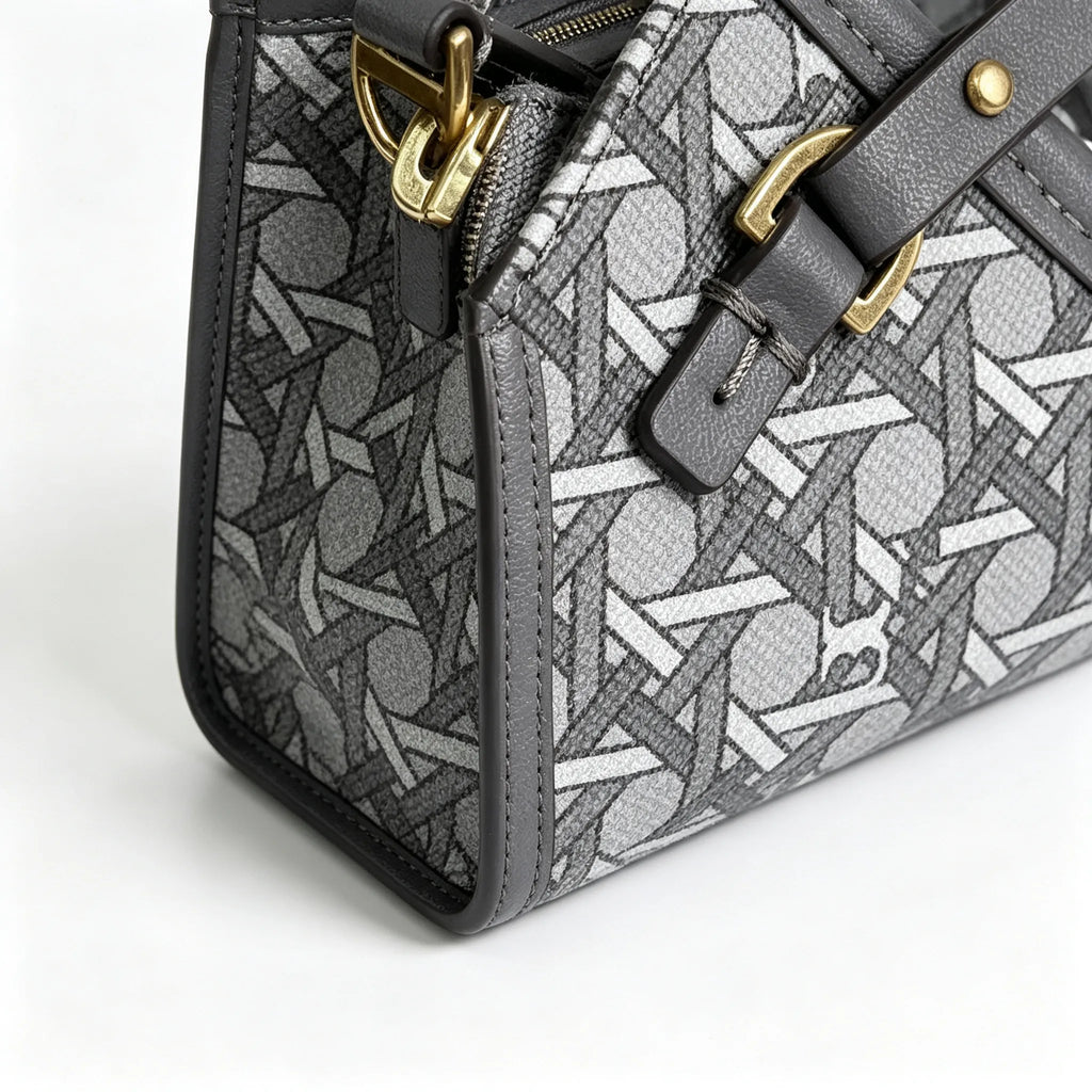 Tory Burch Ever-Ready | Grey coated canvas with woven print leather trim zip closure detachable pouch women's designer handbag