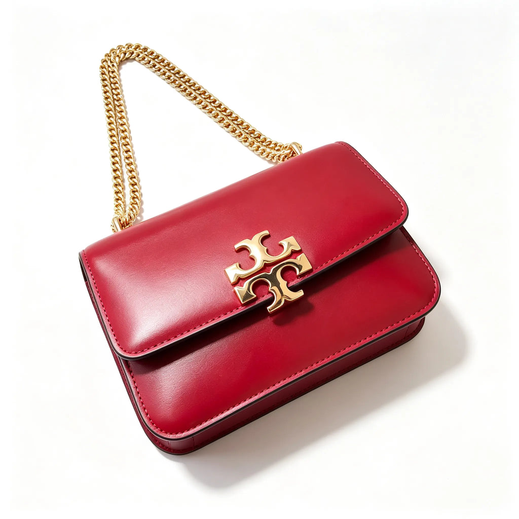 Tory Burch Eleanor ruby red calfskin leather adjustable twist chain shoulder strap multi-angle carrying option for women