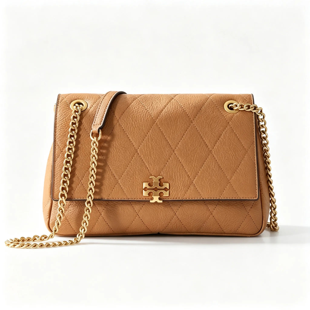 Tory Burch Kira | Mocha brown pebbled leather  adjustable chain shoulder strap multiple carrying options  women's designer handbag