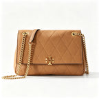 Tory Burch Kira | Mocha brown pebbled leather  adjustable chain shoulder strap multiple carrying options  women's designer handbag