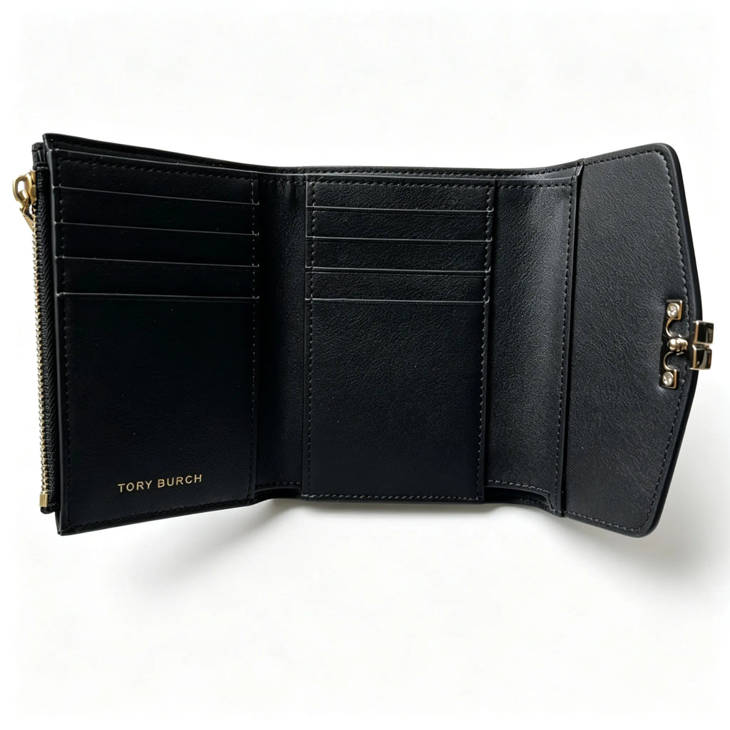 Tory Burch Kira black pebbled leather wallet multi-card slots and zippered coin pocket small and foldable women's wallet