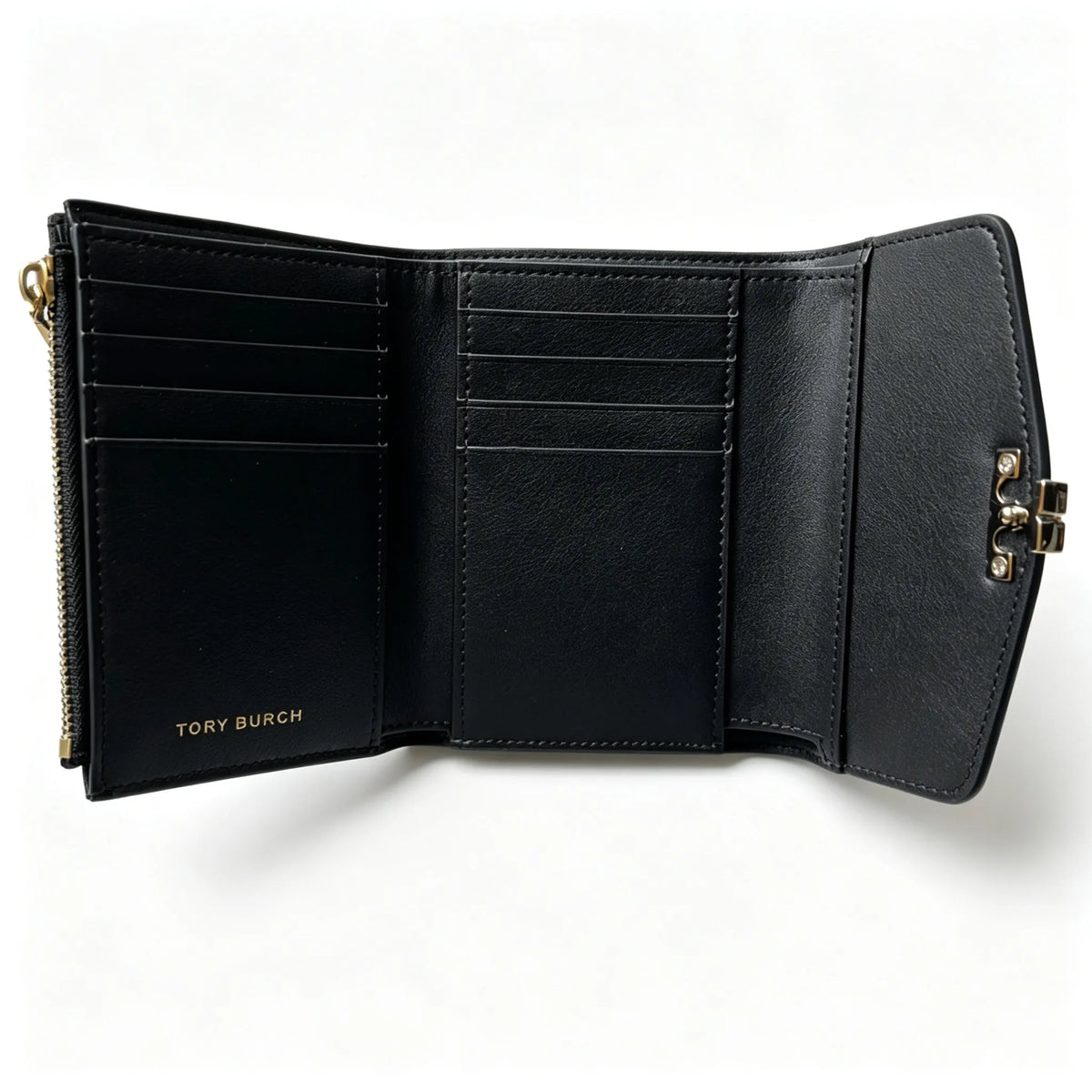 Tory Burch Kira black pebbled leather wallet multi-card slots and zippered coin pocket small and foldable women's wallet