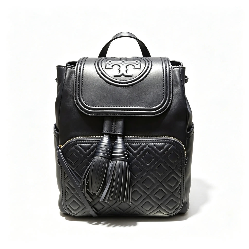 Tory Burch Fleming, black lambskin quilted front pocket and tassel drawstring adjustable chain shoulder strap, women's mini backpack