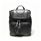 Tory Burch Fleming, black lambskin quilted front pocket and tassel drawstring adjustable chain shoulder strap, women's mini backpack