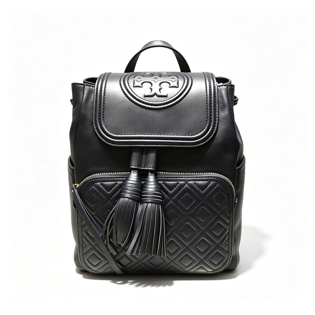 Tory Burch Fleming, black lambskin quilted front pocket and tassel drawstring adjustable chain shoulder strap, women's mini backpack