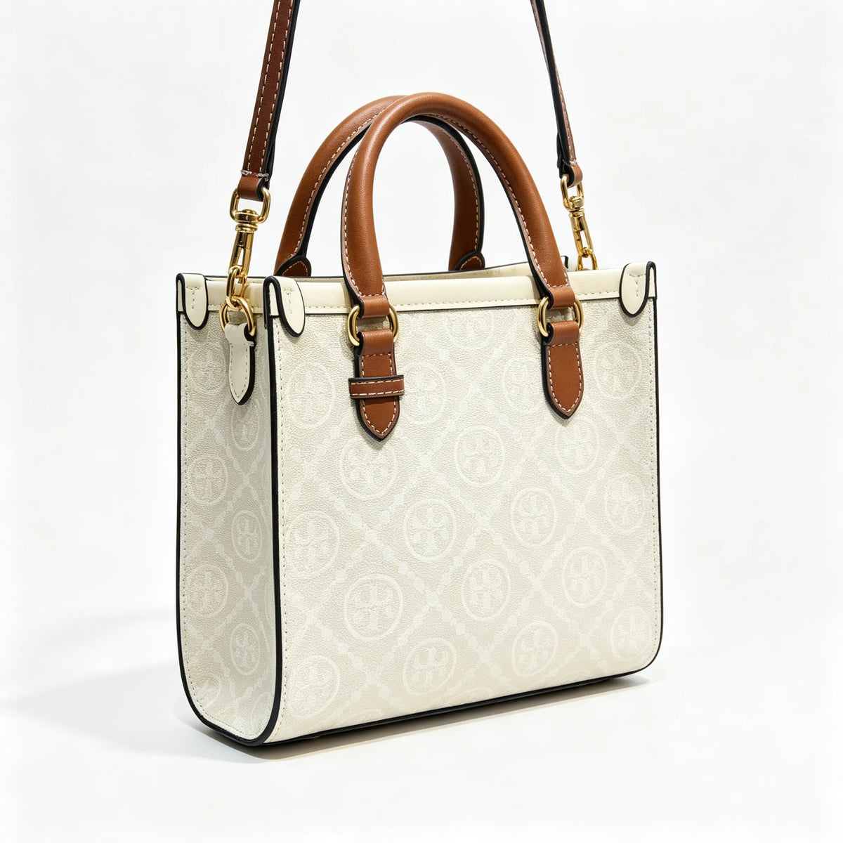 Tory Burch T Monogram | Off-white embossed canvas with brown leather trim detachable shoulder strap  women's designer mini handbag