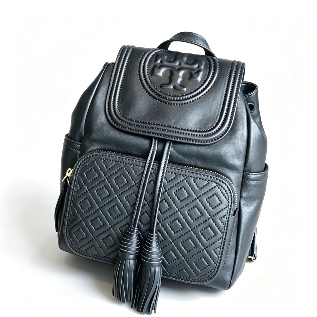 Tory Burch Fleming, black lambskin quilted front pocket and tassel drawstring adjustable chain shoulder strap, women's mini backpack