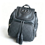 Tory Burch Fleming, black lambskin quilted front pocket and tassel drawstring adjustable chain shoulder strap, women's mini backpack